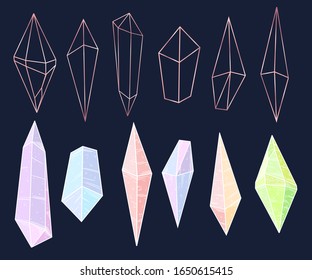 Hand drawn vector illustration of gems and crystals. Colorful jewels and crystals in line art style. Isolated on blue background. 