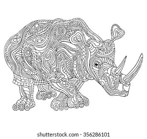 Hand drawn vector illustration with geometric and floral elements. Original hand drawn Rhinoceros.