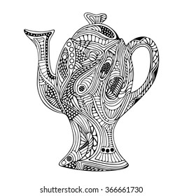 Hand drawn vector illustration with geometric and floral elements. Original hand drawn tea pot.
