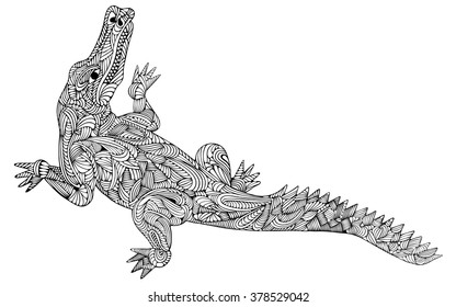 Hand drawn vector illustration with geometric and floral elements. Original hand drawn crocodile.