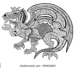 Hand drawn vector illustration with geometric and floral elements. Original hand drawn Dragon.