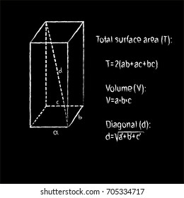 Hand drawn vector illustration of geometrical shape parallelepiped in white chalk on black board with math formulas of total surface area, volume and space diagonal