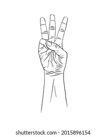 Ilustración vectorial dibujada a mano del gesto manual. Esbozo de tres dedos 