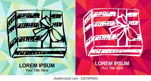 Hand Drawn Vector Illustration of Gift Box Present for Christmas, Holiday and Birthdays with Green and Red Polygon Geometric Background