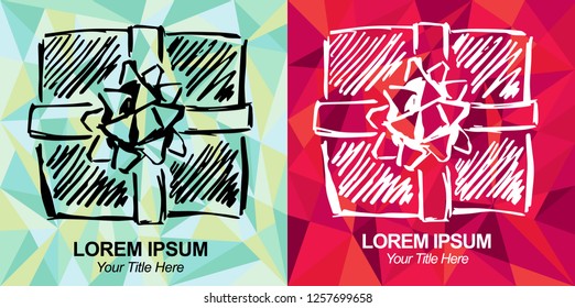 Hand Drawn Vector Illustration of Gift Box Present for Christmas, Holiday and Birthdays with Green and Red Polygon Geometric Background