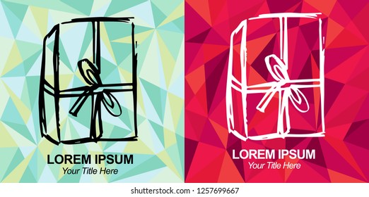 Hand Drawn Vector Illustration of Gift Box Present for Christmas, Holiday and Birthdays with Green and Red Polygon Geometric Background