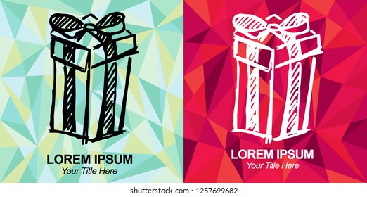 Hand Drawn Vector Illustration of Gift Box Present for Christmas, Holiday and Birthdays with Green and Red Polygon Geometric Background