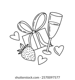 Hand drawn vector illustration of gift box with ribbon, champagne glass, strawberry, hearts. Black and white linear art. Suitable for postcards, banners, coloring books. Print for packaging, patterns