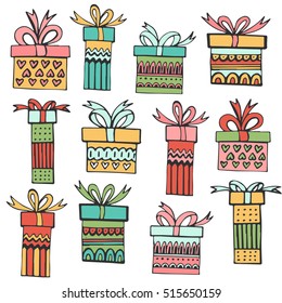 Hand Drawn Vector Illustration With Gifts On White Background. Doodle Set Of Cute Christmas Boxes. Festive Theme.