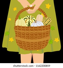 Hand drawn vector illustration of a girl in dress,holding wicker basket full of pumpkins.Flat style design. Banner of autumn season. Concept harvest. Perfect for packaging design of healthy food.