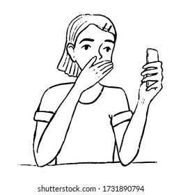 Hand drawn vector illustration. Girl read news on the phone and experience shock, fear, surprise. People watch news concept. Image in simple, doodles style. Black contour drawing isolated on white.