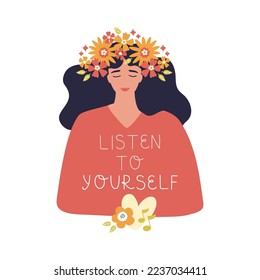 Hand drawn vector illustration. Girl with flowers in her head. Psychology and self-confidence, inner peace. Mental health priority.