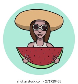Hand drawn vector illustration of girl with watermelon