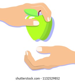 Hand drawn vector illustration of hand giving green apple. Icon for web. Isolated objects on white background. Flat style design. 
