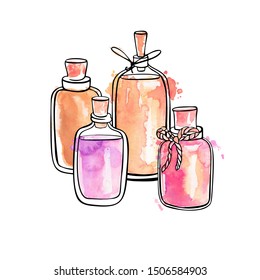 Hand drawn vector illustration of glass bottles with essential oils. Set of beautiful flasks for aromatherapy. Black ink outline and bright colorful watercolor texture isolated on white.
