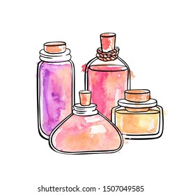 Hand drawn vector illustration of glass jars and bottles with essential oils. Set of beautiful flasks for aromatherapy. Black ink outline and bright colorful watercolor texture isolated on white.