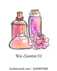 Ilustración vectorial a mano de frascos de vidrio y botellas con aceite esencial Rose. Hermosos frascos y flores para aromaterapia. Esquema de tinta negra, textura de color de agua brillante aislada en blanco.