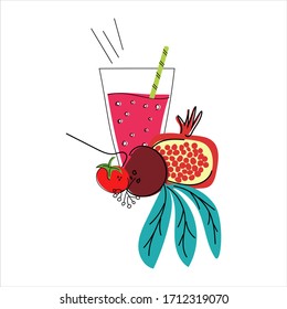 Hand drawn vector illustration of a glass with juice, smoothie on a white background. Cocktail tube. The drinks. Vegetables. Beetroot, tomato, chopped pomegranate, leaves. Detox. Doodley. Clipart.