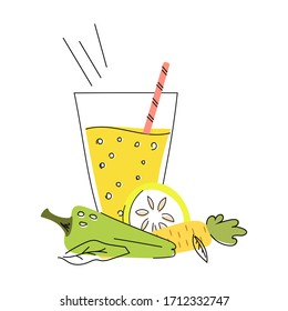 Hand drawn vector illustration of a glass with juice, smoothie on a white background.  Peppers, carrots, sliced ​​lemon, leaves. Detox.  Clipart.