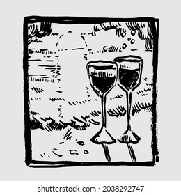 Ilustración vectorial dibujada a mano con vidrio de vino. Diseño gráfico vintage.