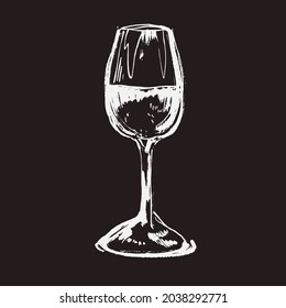 Hand drawn vector illustration with glass of wine. Graphic vintage design.