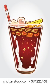 Ilustración vectorial dibujada a mano de un vaso de Cola con cubitos de hielo y rodaja de limón.