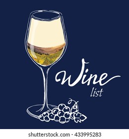Hand drawn vector illustration  glass of wine with painting  grape valley. Each elementsl isolated and easy to use
