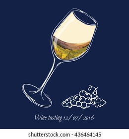 Hand drawn vector illustration  glass of wine with painting  grape valley. 