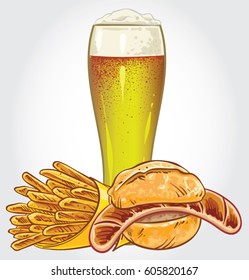 Hand drawn vector illustration of a glass of beer with potato fries and bratwurst sandwich.