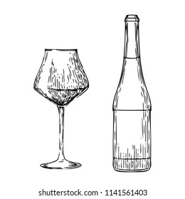 Hand Drawn Vector illustration. Glasse with wine. Bottle with champagne. Coloring Book Page.