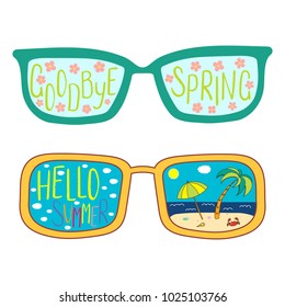 Hand drawn vector illustration of glasses with text Hello Summer, Goodbye Spring, cherry blossoms, beach scene in the lenses. Isolated objects on white background. Design concept for change of seasons