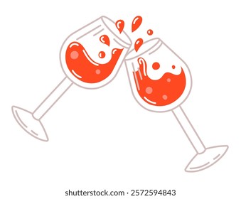 Hand drawn vector illustration with glasses with wine, "Cheers!”. Design of a greeting card for Valentine's Day. Perfect for sticker pack, banner, card, postcard, cover. Editable stroke.