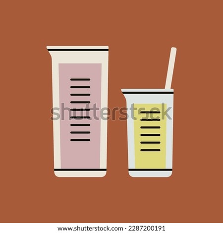 Hand drawn vector illustration of glassware for chemicals: developer, stop bath, fixer. Retro photo shooting and printing concept. Art and hobbies. Retro film development and photo printing tools.