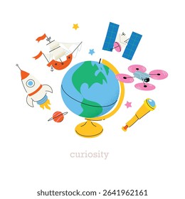 Hand drawn Vector illustration of a globe with rocket, telescope, satellite, ship, drone, and planets icons. Concept of curiosity, exploration, science, and learning. Cute trendy doodles. Illustration