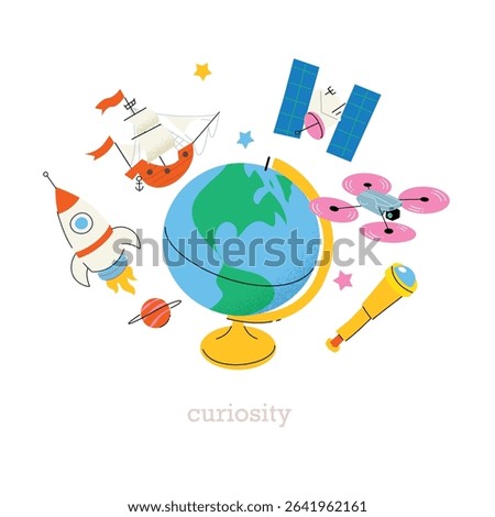 Hand drawn Vector illustration of a globe with rocket, telescope, satellite, ship, drone, and planets icons. Concept of curiosity, exploration, science, and learning. Cute trendy doodles. Illustration