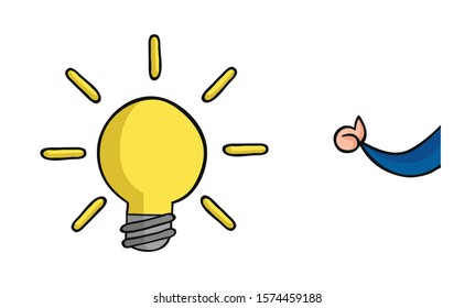 Hand drawn vector illustration of glowing light bulb and businessman showing thumbs up.