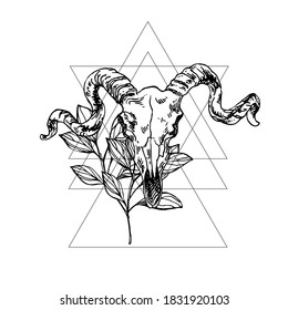 Hand drawn vector illustration of goat skull. Magical outline clipart for print, card, textil design. Alchemy, magic, esoteric, occult, spiritual set.