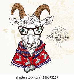 Hand Drawn Vector Illustration of goat hipster in a suit with glasses. Merry Christmas Card