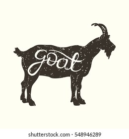 Hand drawn vector illustration of the goat with handwriting inscription