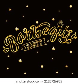 Hand drawn vector illustration with gold lettering on textured background Barbeque Party for invitation, celebration, social media content, advertising, decor, poster, print, website, banner, template