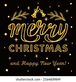 Hand drawn vector illustration with gold lettering on textured background Merry Christmas for winter season greeting, invitation, celebration, advertising, poster, card, banner, print, label, template