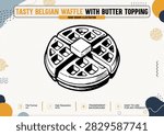 Hand drawn vector illustration of a golden Belgian waffle with grid pattern topped with butter cube.