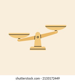 Ilustración vectorial dibujada a mano de escala clásica dorada sobre fondo blanco. Finanzas, juicio, ley, comparación, medición.