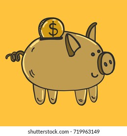 Hand drawn vector illustration with golden piggy bank and a dollar coin, poster/print in flat style.
