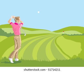 hand drawn vector illustration of a golfer playing a drive down the fairway with blue sky background