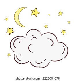 Hand Drawn vector illustration, Good night with sleeping moon, stars, clouds. Baby print. Perfect for prints, postcards, posters, greeting cards