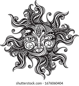 Hand drawn vector illustration.
Graphic astrological and astronomical symbol depicting the equinox. Sun and moon with a face in the style of Zentangle.