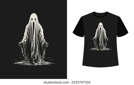 Hand Drawn Vector Illustration Graphic Of White Ghost Creepy, Scary, Happy Halloween Themed T-shirt Design, Shirt Art. Good For Clothes, Greeting Card, Poster and Mug Design