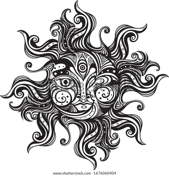 手描きのベクターイラスト 彼岸の星印 ゼンタングル風の顔を持つ太陽と月 のベクター画像素材 ロイヤリティフリー