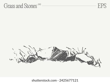 Hand drawn vector illustration of grass and rocks on blank backdrop. Isolated sketch.